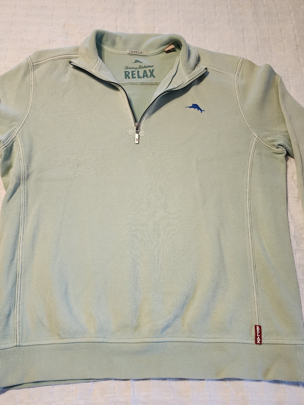 Tommy Bahama Light Seafoam Half-Zip Pullover with Navy Dolphin Logo